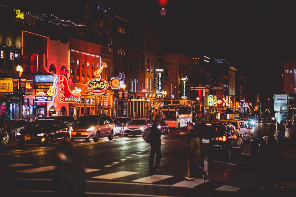 Neon lights aglow in Nashville's Honky Tonk District